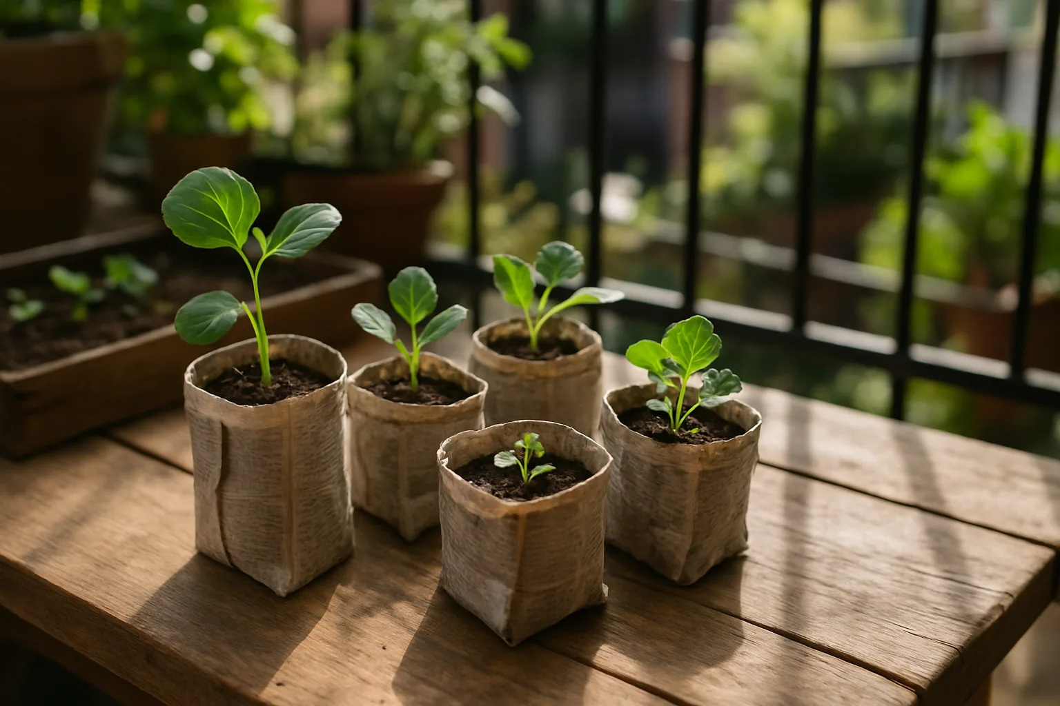 Semillero biodegradable hecho con periódico con plántulas de verduras creciendo en un huerto urbano en balcón