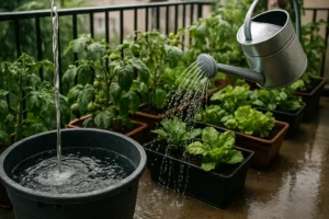 Recipiente recogiendo agua de lluvia para regar verduras en macetas de un huerto urbano en balcón