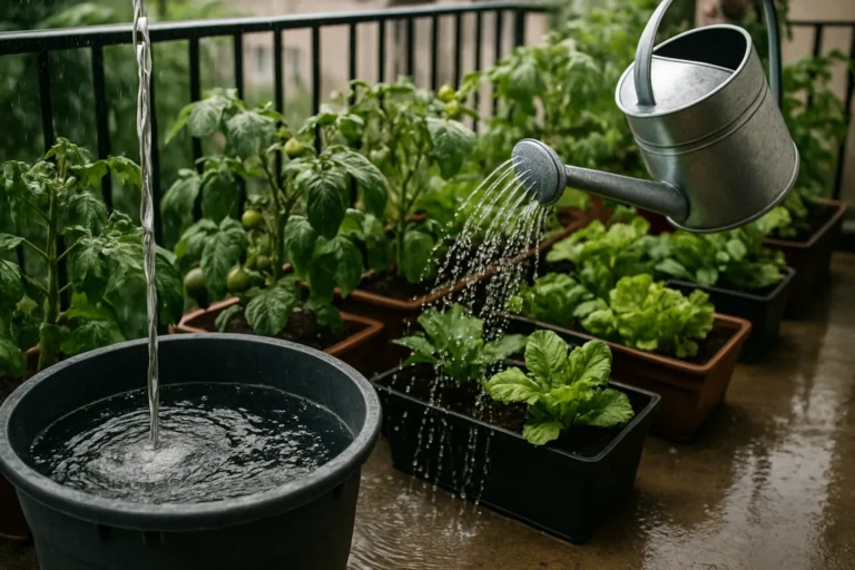 Recipiente recogiendo agua de lluvia para regar verduras en macetas de un huerto urbano en balcón