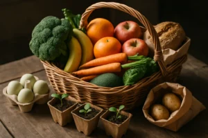 Cesta ecológica con verduras y frutas frescas junto a un pequeño huerto urbano con plántulas en macetas biodegradables