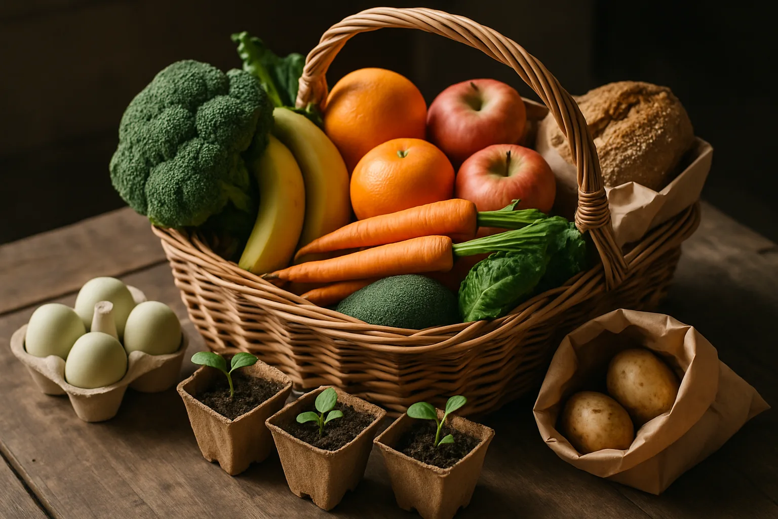 Cesta ecológica con verduras y frutas frescas junto a un pequeño huerto urbano con plántulas en macetas biodegradables