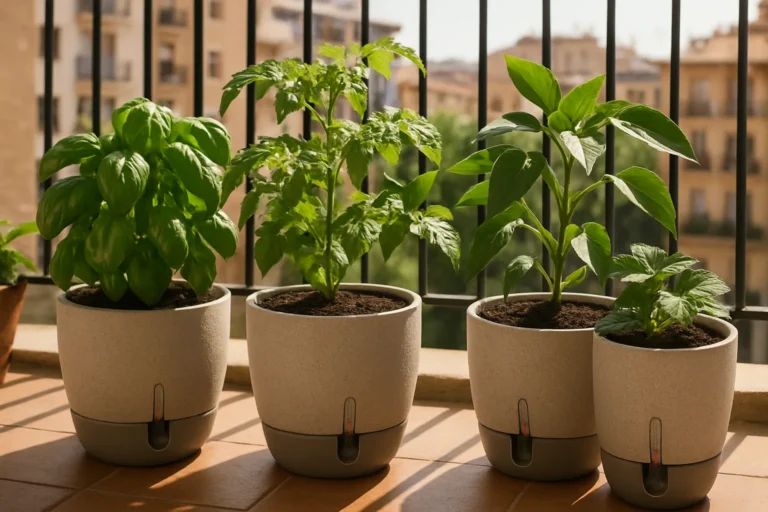 Macetas autorriego con plantas saludables en un huerto urbano sobre una terraza soleada