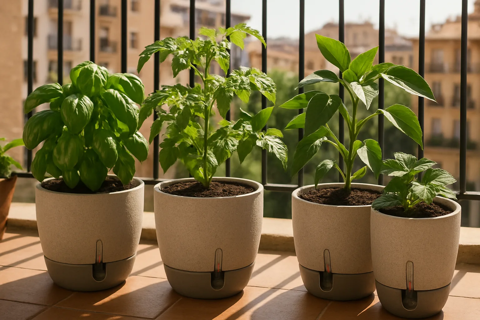 Macetas autorriego con plantas saludables en un huerto urbano sobre una terraza soleada