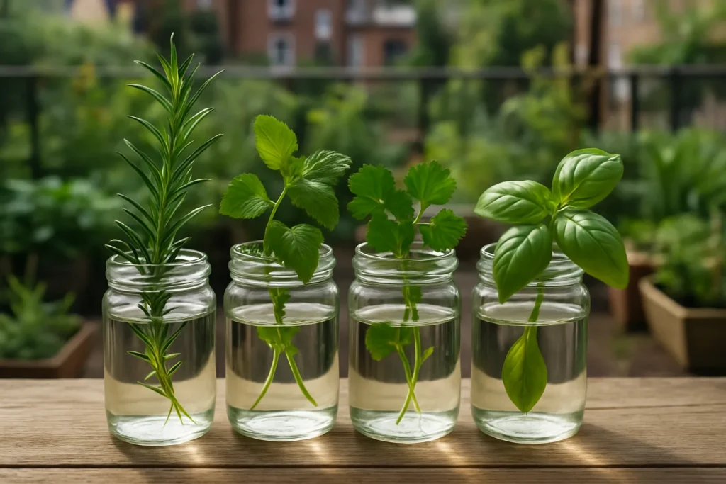 Propagar plantas aromáticas en agua: guía práctica y consejos esenciales 2 Ramas de plantas aromaticas en agua mostrando raíces nuevas para su propagación en un huerto urbano