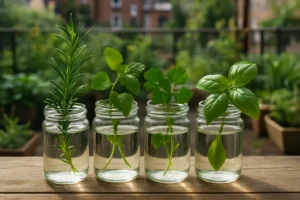 Ramas de plantas aromaticas en agua mostrando raíces nuevas para su propagación en un huerto urbano