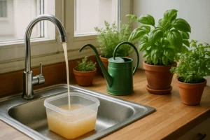 Recipiente recogiendo agua usada de cocina junto a plantas en macetas para riego sostenible en huerto urbano