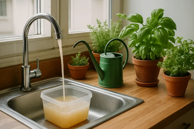 Recipiente recogiendo agua usada de cocina junto a plantas en macetas para riego sostenible en huerto urbano