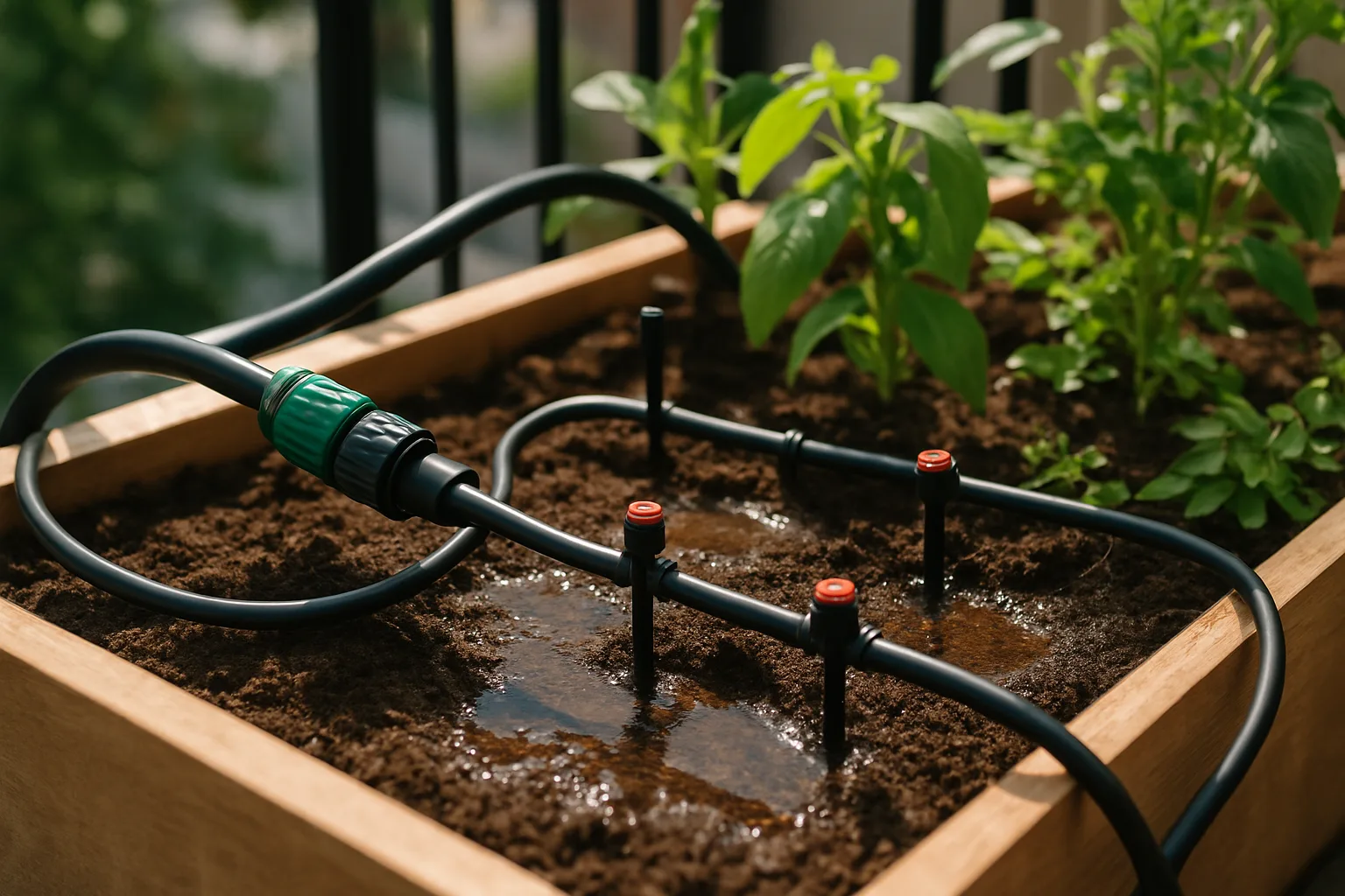 Sistema de riego por goteo casero instalado en un huerto urbano con plantas y tierra húmeda visible