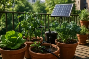 Sistema casero de riego por goteo solar en un huerto urbano con plantas en macetas y verduras creciendo.