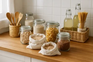Cocina organizada con tarros reutilizables, bolsas de tela y utensilios de bambu para zero waste en casa