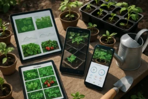 Tablet y teléfono mostrando apps para gestionar un huerto urbano con plantas jóvenes y herramientas de riego naturales