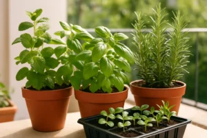 Plantas aromáticas como albahaca y menta creciendo en macetas en un balcón para cultivo desde casa
