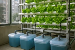 Sistema hidropónico urbano con solución nutritiva y verduras verdes en crecimiento