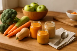 Inicio 8 Preparación casera de papillas ecológicas con ingredientes frescos y recipientes de vidrio en cocina sostenible