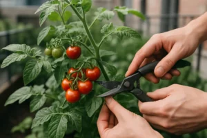Manos podando ramas de tomatera cherry en un huerto urbano con tomates rojos maduros