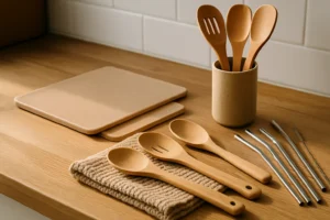 Utensilios de cocina ecológicos como cucharas de bambú, tablas biodegradables y paños naturales en una encimera de madera